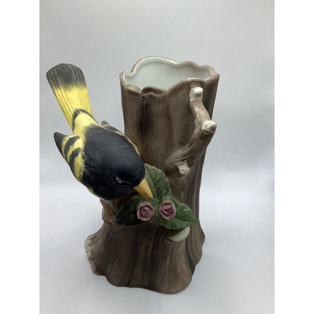 Vintage Bisque Ceramic Bird Vase Figurine Yellow Bird Tree Trunk Korea